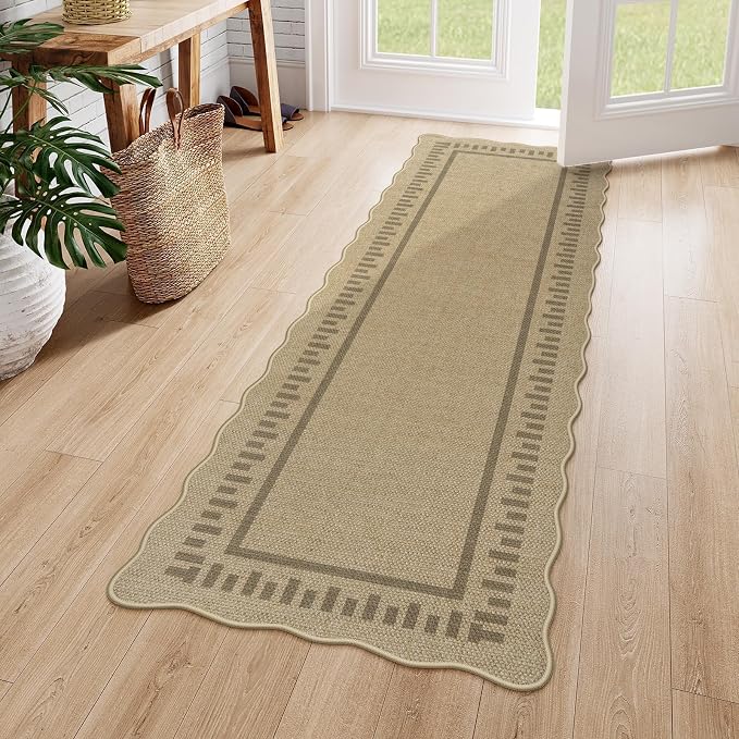 LIVEBOX Scalloped Washable 2x6 Runner Rug, Easy Jute Outdoor Rug Kitchen Tan by LIVEBOX