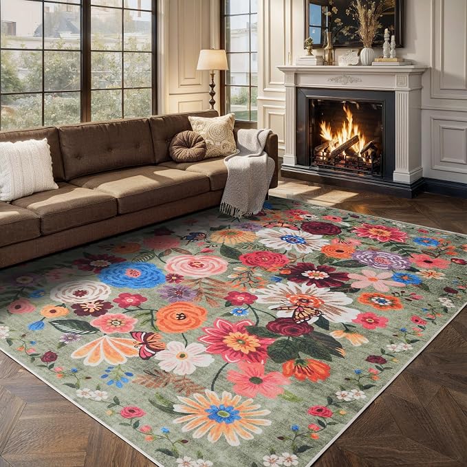 Green Area Rugs 10x14 for Living Room, Non Slip Machine Washable Floral Rugs - Image 6
