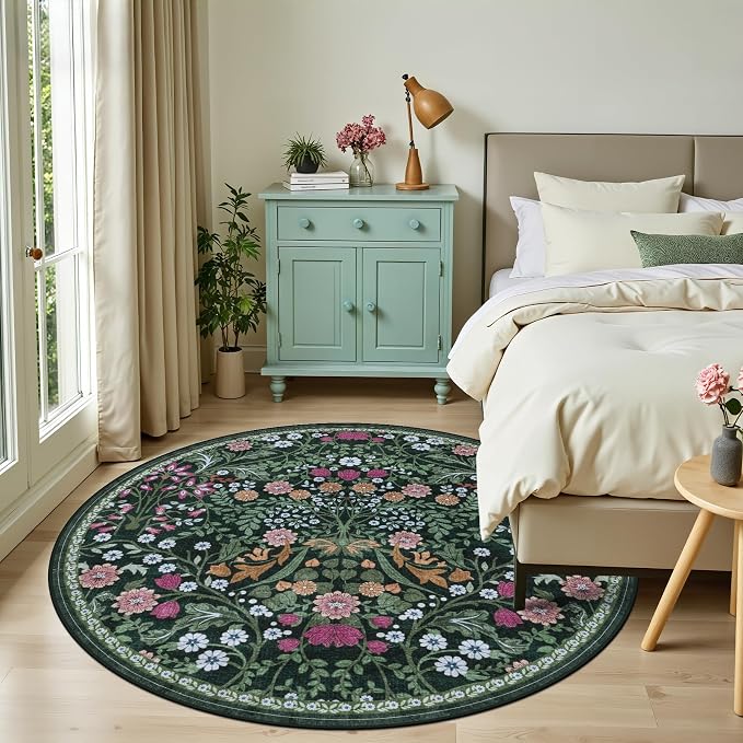 Round Area Rug for Living Room: 6 ft Floral Washable Circle Rug Soft Boho - Image 3