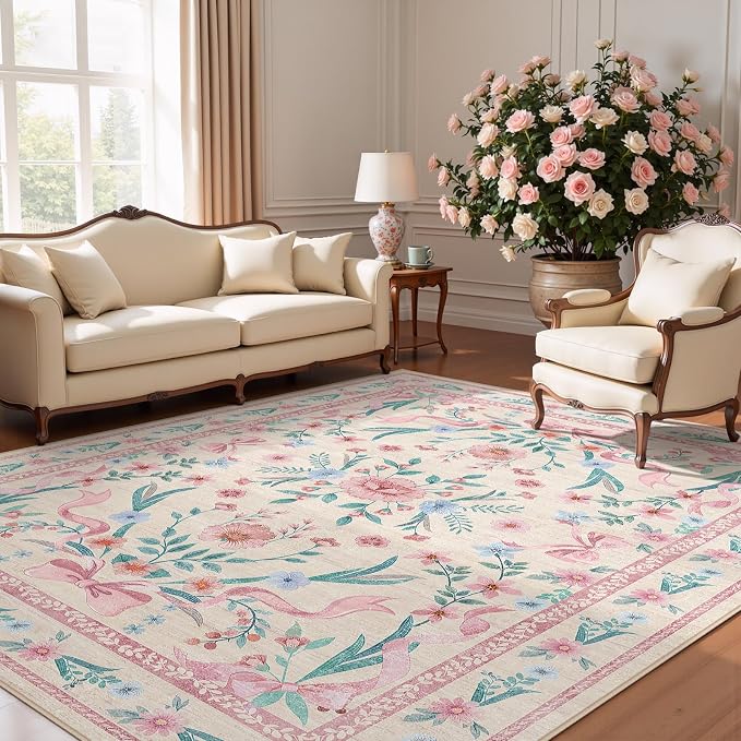 Pink Floral Bow Rug 6x9 for Living Room, Washable Non Slip Area Rug, Soft Boho - Image 2