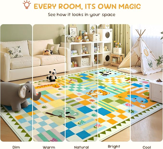 5x7 Washable Kid Playroom Rug, Unisex Green Safari Jungle Woodland Animal - Image 5