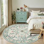Round Area Rug for Living Room: 8 ft Floral Washable Circle Rug Soft Boho - Image 2