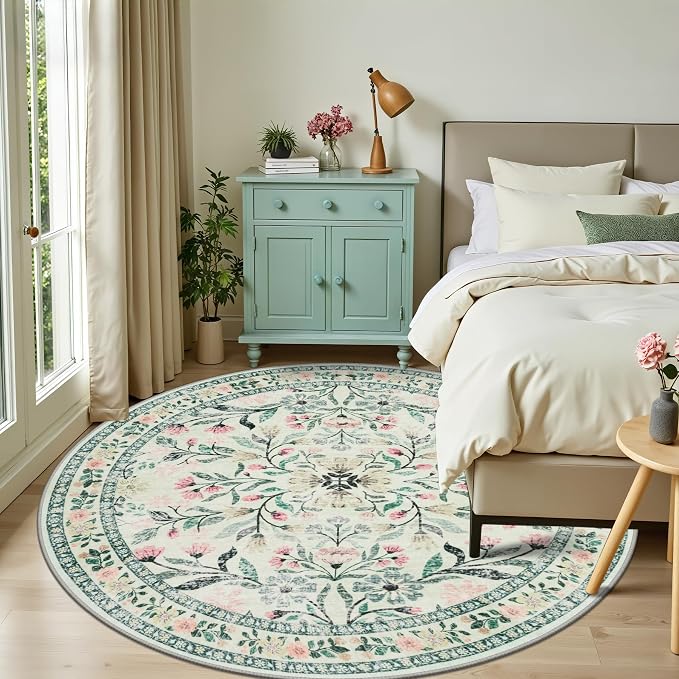 Round Area Rug for Living Room: 8 ft Floral Washable Circle Rug Soft Boho - Image 2