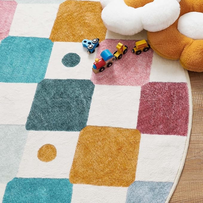 jinchan Macy 4ft Round Rug for Kids Room Modern Colorful Checkered Diamond - Image 8