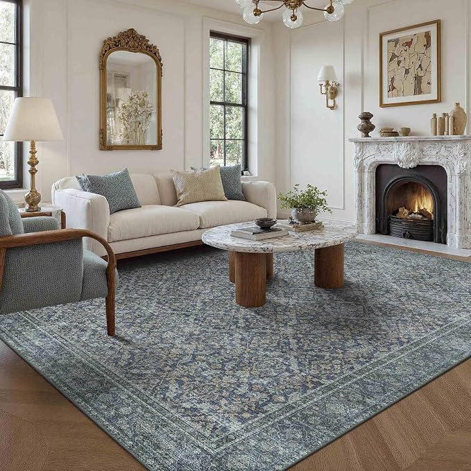 Latte&Fog 5x7 Area Rugs for Living Room, Vintage Blue Washable Rug, Boho Floral - Image 3