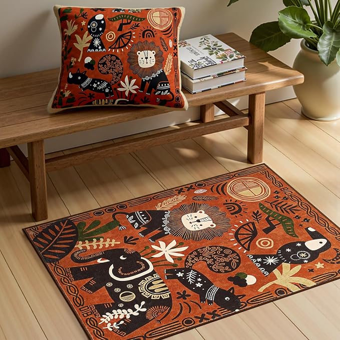 jinchan 2x3 Cute Area Rug Kids Washable Fun Rug Terracotta Boho Jungle Small - Image 8