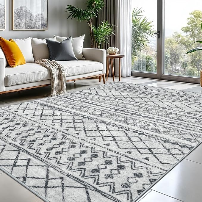KUTA Moroccan 8x10 Rugs for Living Room Grey, Washable Boho Area Rug Non-Slip by KUTA