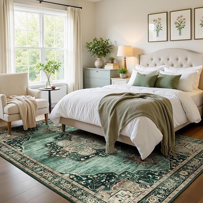 Lofus 5x7 Emerald Green Washable Rugs Non-Slip, Vintage Floral Area Rug - Image 3