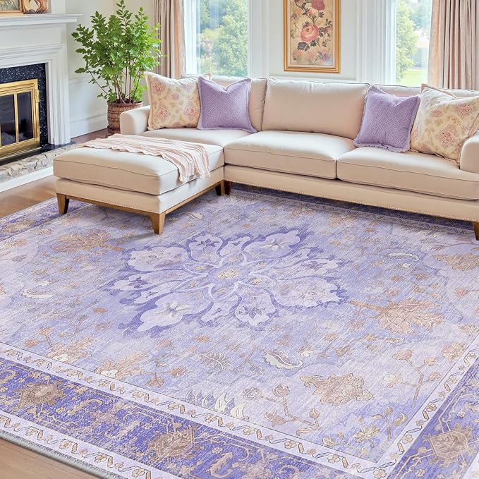 RELEANY Area Rugs 8'x10' Washable Non-Slip, Floral Vintage Distress Medallion by RELEANY