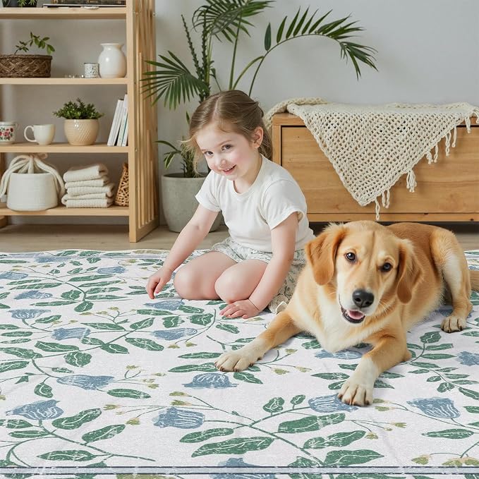 DCX Washable Botanical Floral 5x5 Roung Rug, Non Slip Low Pile Carpet - Image 4