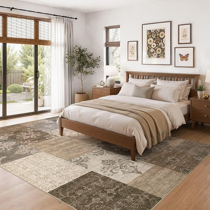 UERMEI 6x9 Area Rug for Living Room, Washable Brown Modern Geometric Patchwork - Image 3