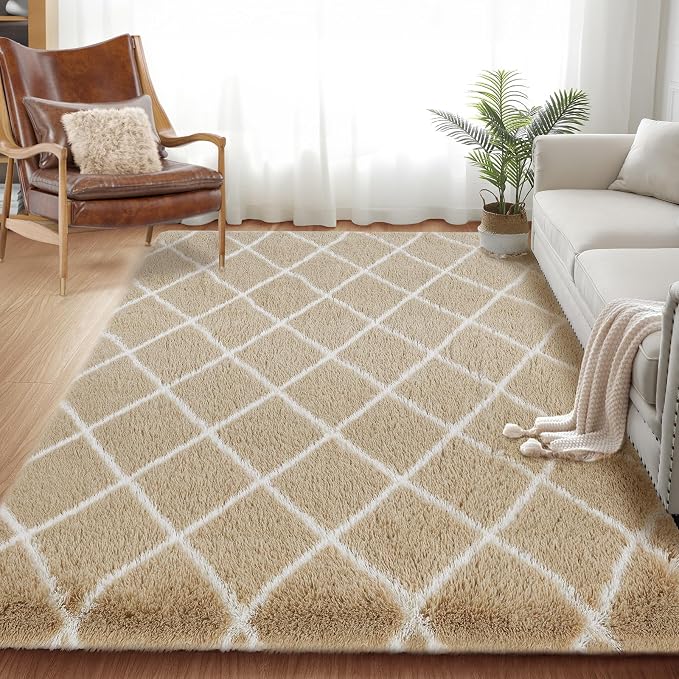 TOOHUB Fluffy Rug for Bedroom, 8X10Feet Stripe Checkered Rug Anti-Skid High - Image 2