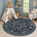 Dark Blue Vintage Playroom Round Rug 6ft, Washable Soft Area Rug by HazoHaus