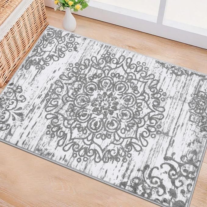HEBE Indoor Door Mat 2'x3', Washable Distressed Boho Small Area Rug, Non Slip - Image 6