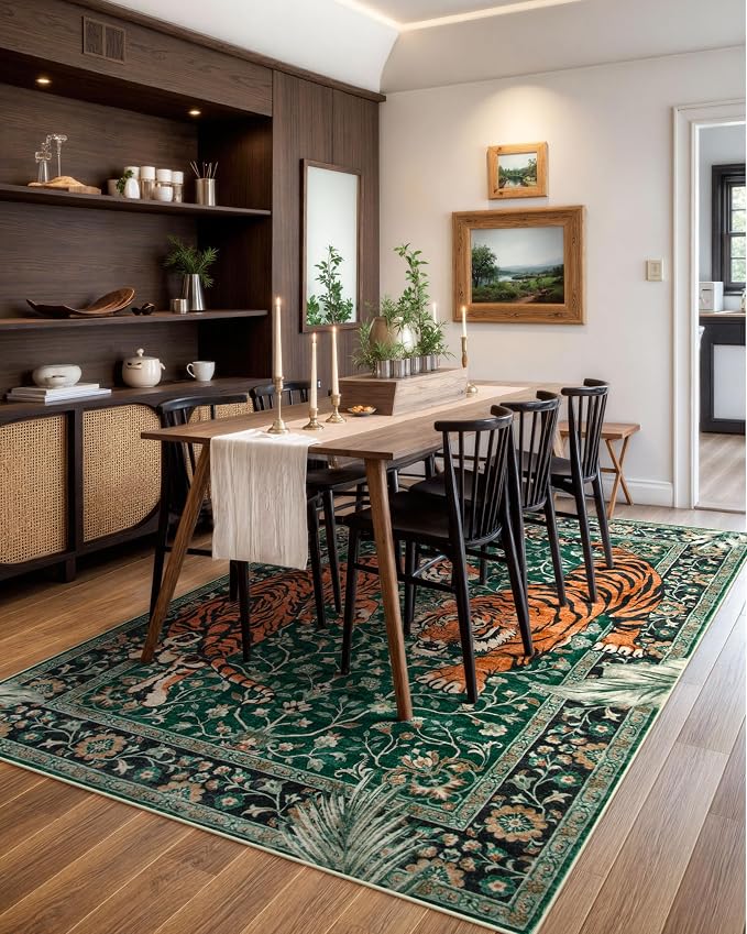 Moynesa Tiger 5x7 Area Rug, Boho Washable Living Room Rug, Non Slip Green Rugs - Image 8