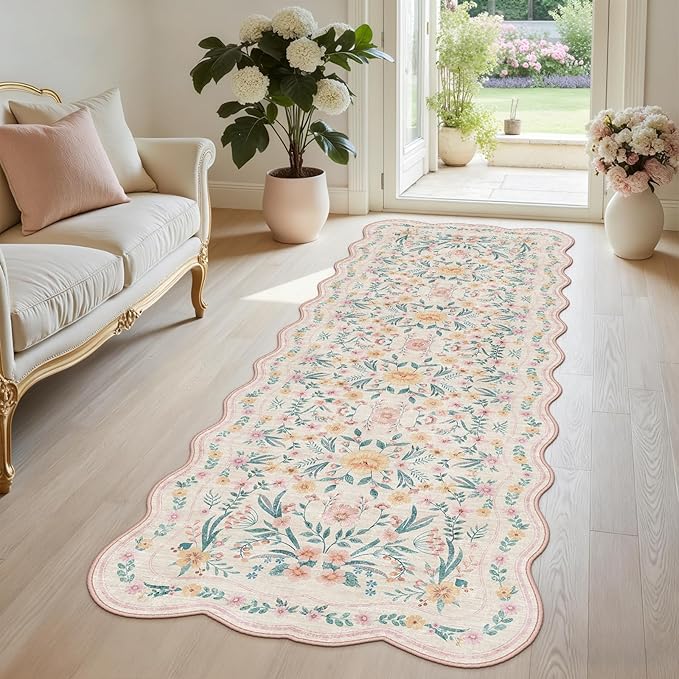 Scalloped Floral Runner Rug 2x6, Soft Cute Carpet Runner by Dadasgk