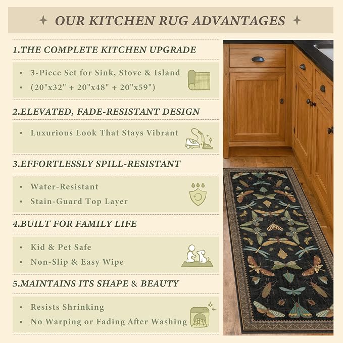 JTJ Insect Botanical Kitchen Rug Set 3 Piece, Vintage Whimsical Runner Rugs - Image 6