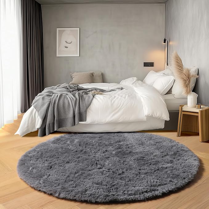ONASAR Grey Round Area Rugs 6ft, Fluffy Gray Soft Bedroom Circle Rug - Image 3