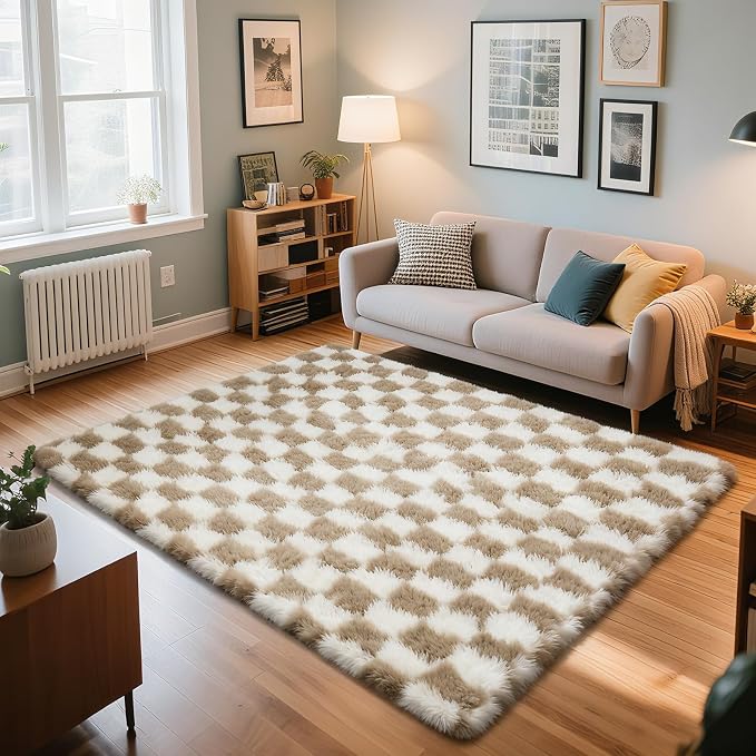 Checkered Rug for Bedroom, 4x6 Beige and White Area Rugs, Classic Checkered by Yongyangjuxi