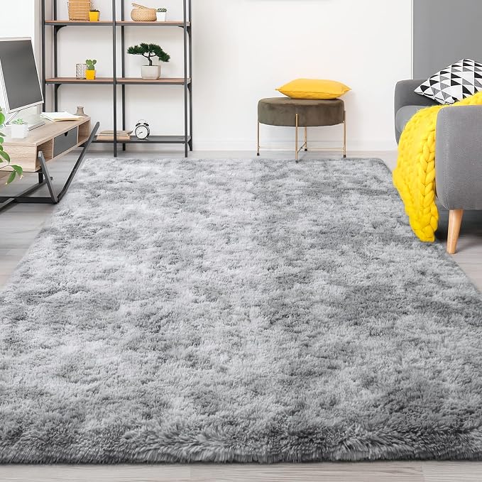 FlyDOIT Large Area Rugs for Living Room, 5x8 Feet Tie-Dyed Light Grey Shaggy - Image 9