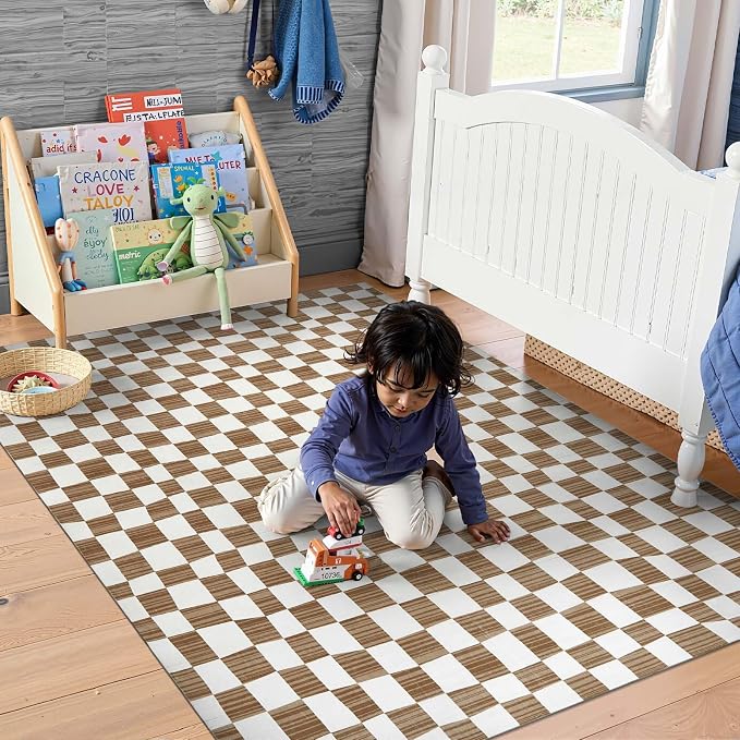 jinchan 4x6 Brown Checkered Area Rugs - Image 3