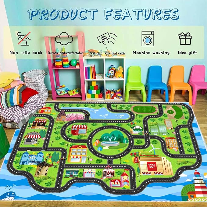 Kids Car Rug, 78.7" x 59" Road Map Floor Mat | Road map design, soft low-pile - Image 6