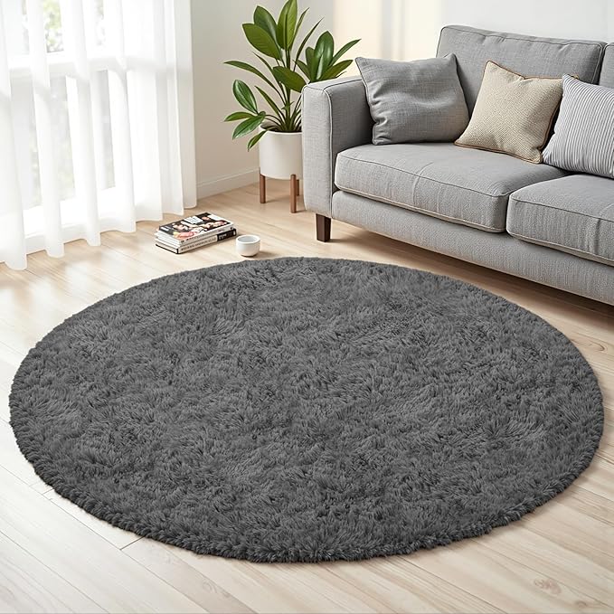 Dark Gray Round Fluffy Rug 5ft Plush Fuzzy Shaggy Carpet, Soft Rugs by Unknown