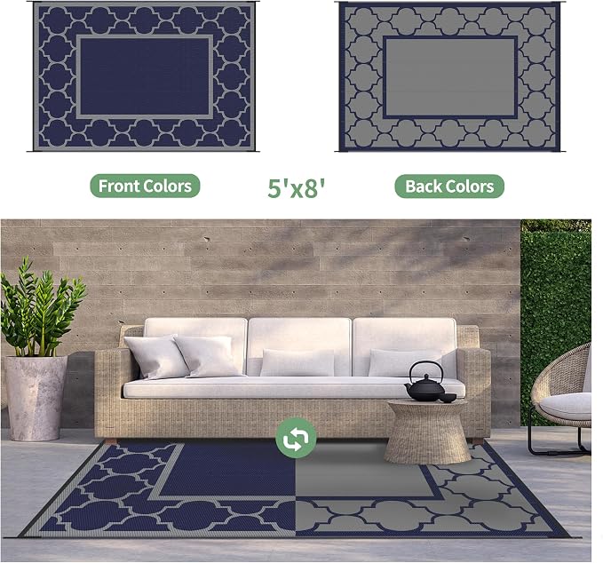 GENIMO Outdoor Rug 5' x 8' Patio Waterproof, Foldable Reversible Plastic Straw - Image 4