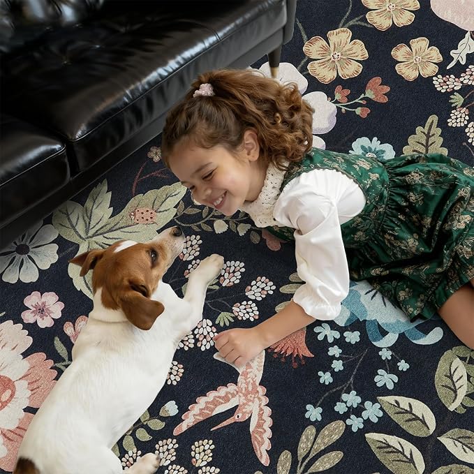 DCX Black Floral Rug 2x3, Washable Black Rug - Image 3