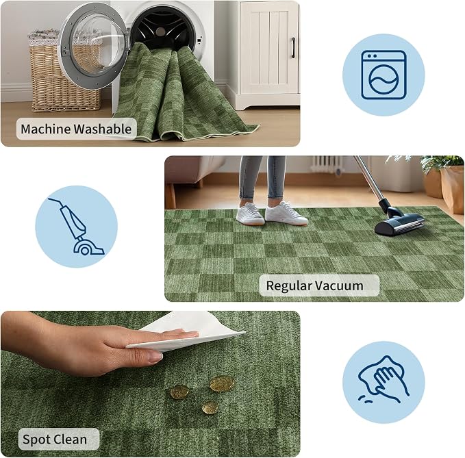 GarveeHome Moss Green Checkered Rug 2x3 Washable Rug Non-Slip - Image 8