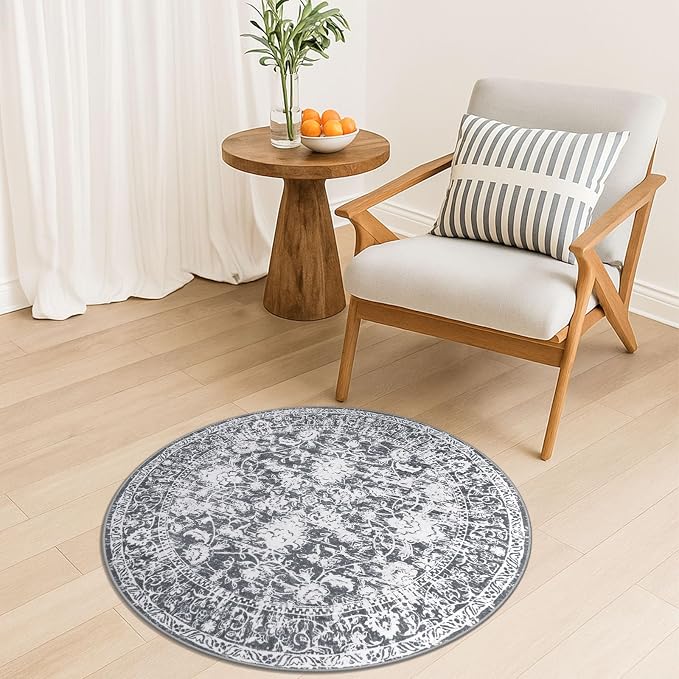 KILOCOCO Round Rug 3ft Vintage Floral Small Circle Rug Machine Washable - Image 2