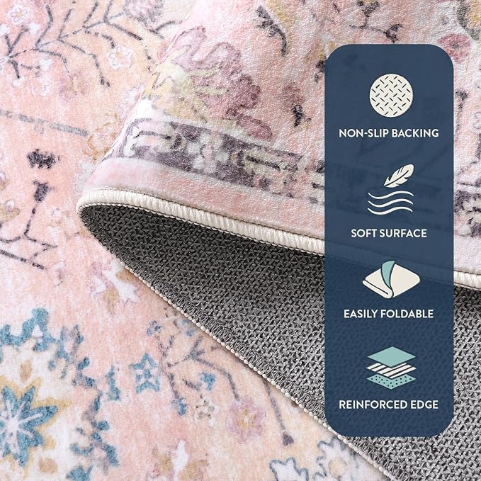 Lahome Girls Bedroom Pink Rug 3x5, Soft Washable Floral Area Rug - Image 3