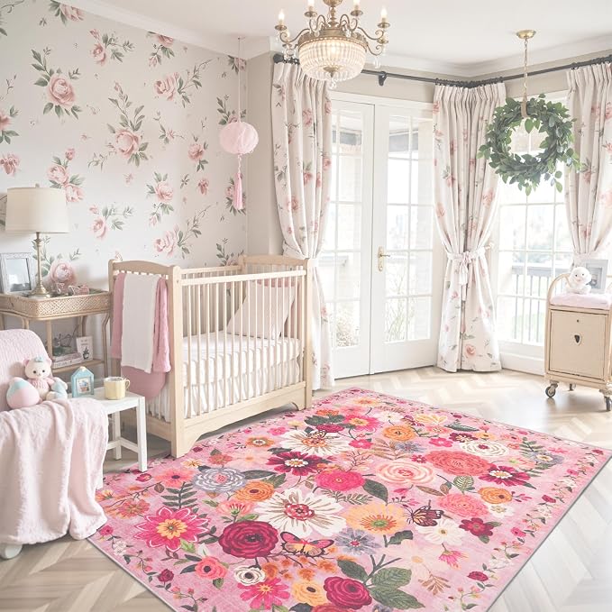 Pink Floral Bedroom Rug 4x6, Non-Slip Washable Rugs - Image 2