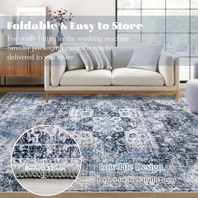 Area Rug 8x10 Washable Rug, Vintage Boho Medallion Rugs Non-Slip Soft Low Pile - Image 7