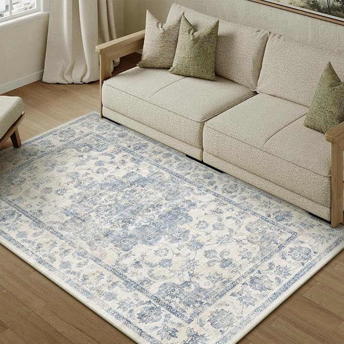 4x5 Washable Neutral Area Rug Blue Vintage Entryway Office Carpet Non-Slip Soft by WondRg