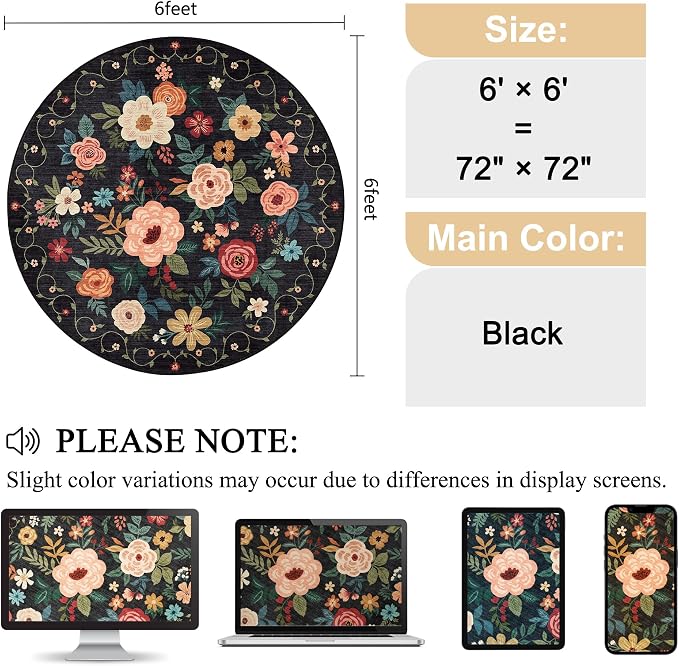 DUKINO Floral Round Rug, 6ft Washable Circle Rug, Non Slip Indoor Low Pile - Image 2