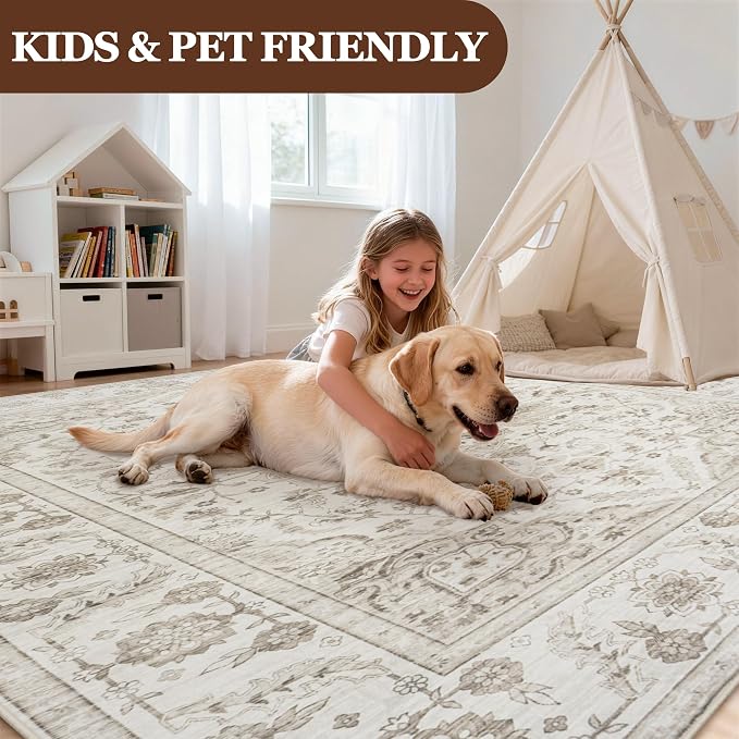 8x10 Area Rugs for Living Room:Beige Washable Vintage Medallion Carpet Non-Slip - Image 7