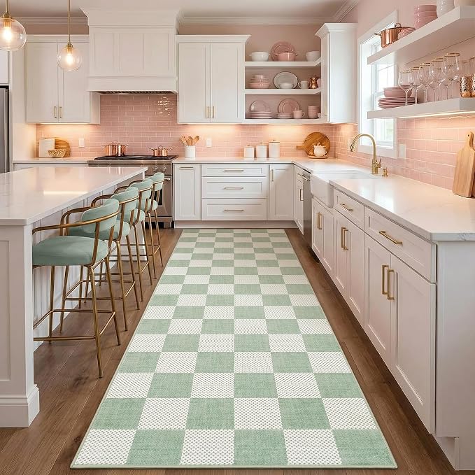 GarveeHome Checkered Sage Green 2x6 Washable Kitchen Runner Rus Geometric by GarveeHome