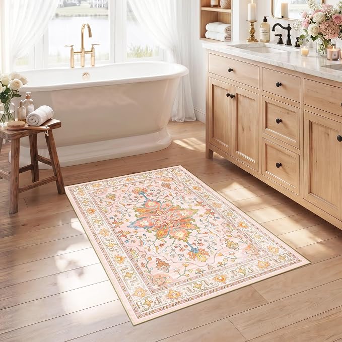 RELEANY Area Rugs Small 2'6"x4' Washable Non-Slip, Floral Vintage Distress by RELEANY
