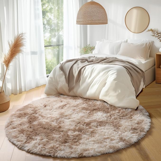 Amdrebio Tie-Dyed Beige Tan Round Area Rug 4Ft - Image 5
