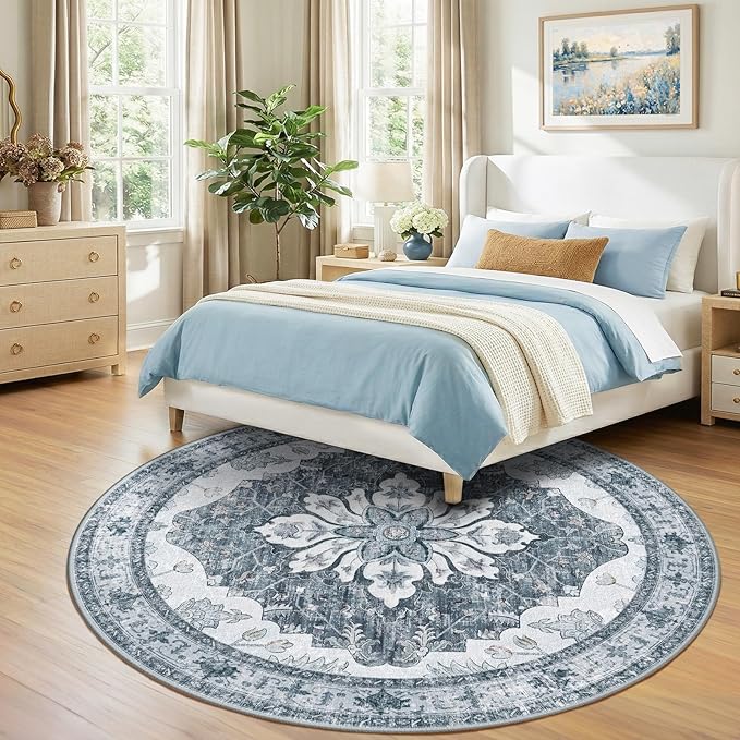 RELEANY Area Rugs Round 8ft Washable Non-Slip, Floral Vintage Distress - Image 3