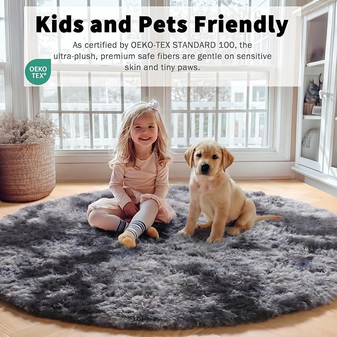 ONASAR Tie-Dyed Dark Grey Round Area Rug 4ft, Ultra Soft Bedroom Circle Rugs - Image 4