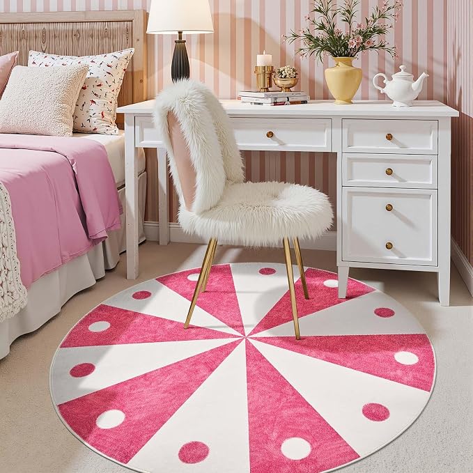 jinchan 5ft Round Rug Hot Pink Washable Fun Cute Playroom Mat Non Slip Cheerful - Image 3