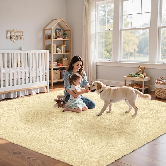 8x10 Area Rug for Living Room:Ultra Soft Fluffy Shag Cream White Rugs, Large - Image 9