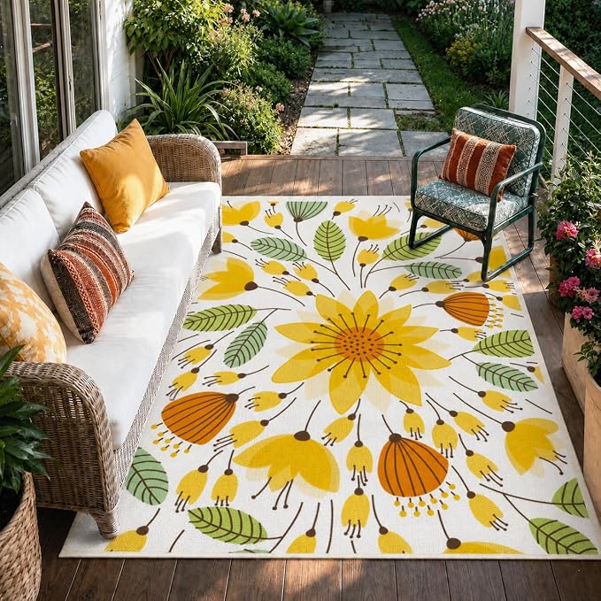 Lahome Floral Indoor Outdoor Rug, 5x8ft Non-Slip Outdoor Patio Rug by Lahome