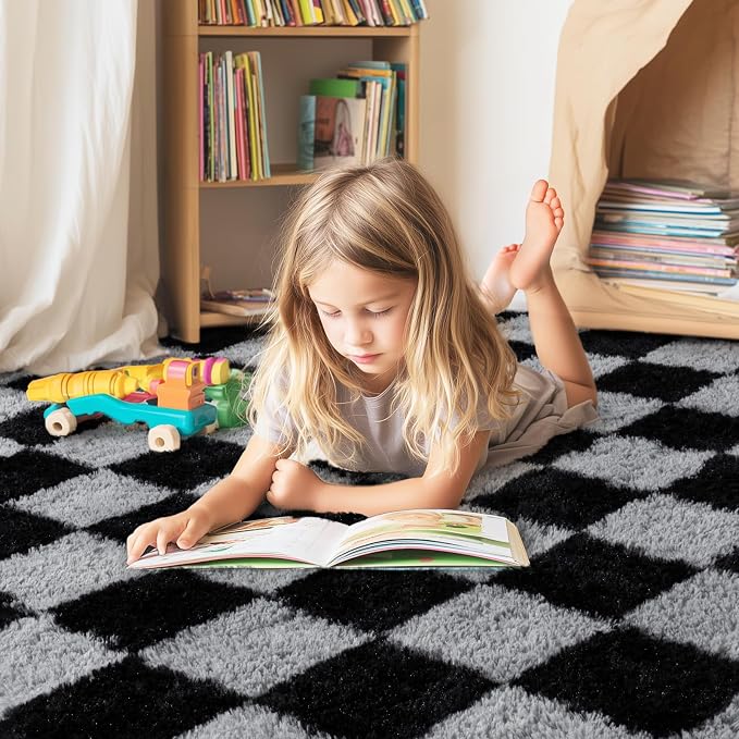 Checkered 8x10 Area Rugs for Living Room, Ultra Soft Fluffy Large Shaggy Rug - Image 3