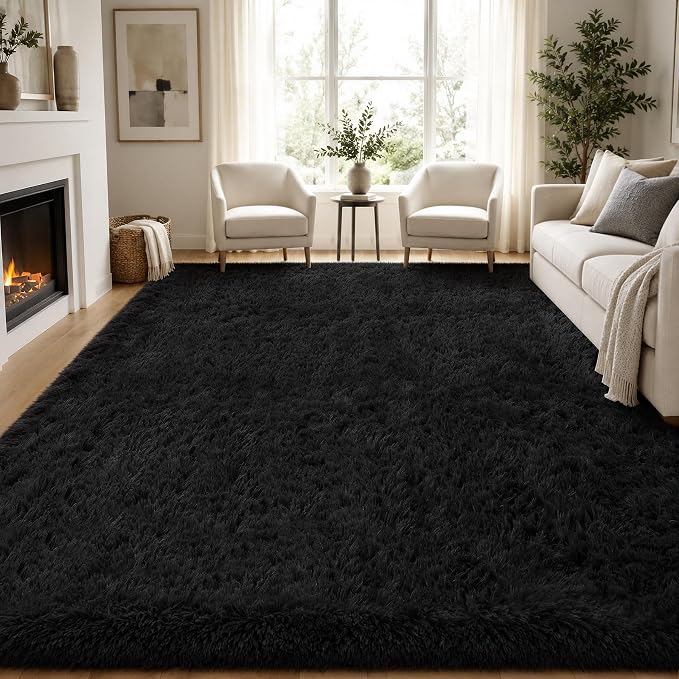 Area Rug for Living Room Bedroom: 9x12 Black Soft Fluffy Shag Upgrade Non-Slip - Image 2
