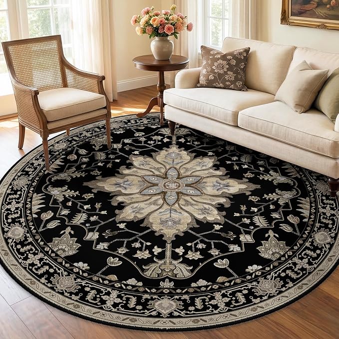 RELEANY Area Rugs Round 6ft Washable Non-Slip, Floral Vintage Distress by RELEANY