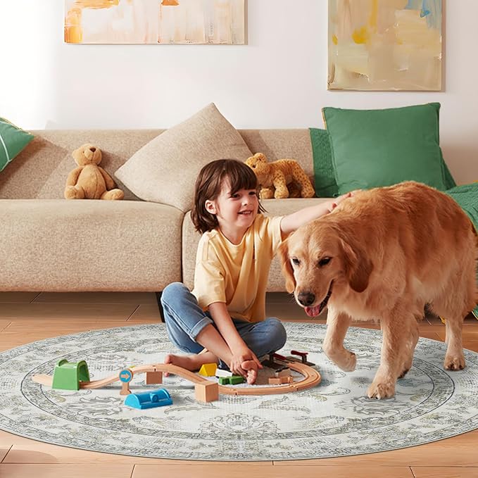 Round 8Ft Washable Area Rug, Vintage Floral Low Pile Non Slip Carpet - Image 4