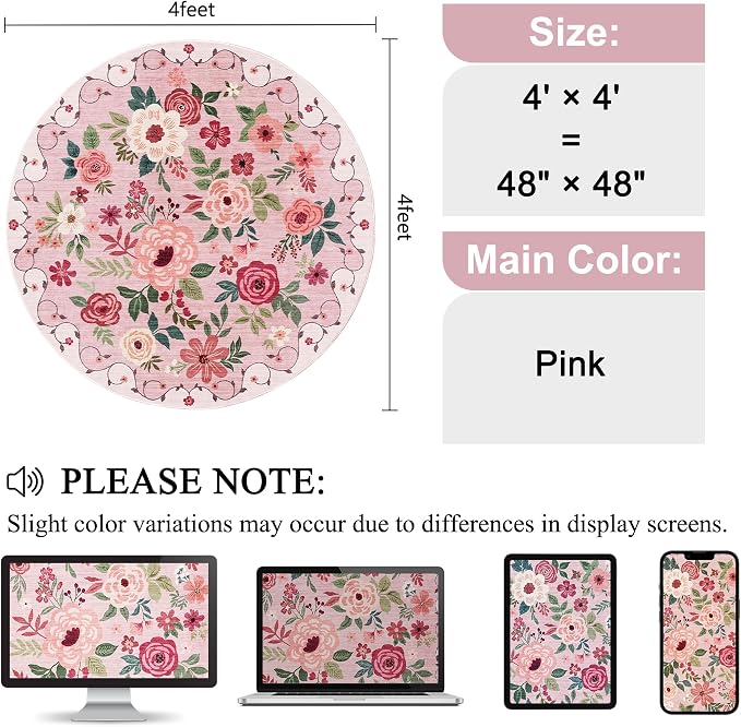 DUKINO Floral Round Rug, 4ft Washable Round Area Rug, Non Slip Indoor Low Pile - Image 2